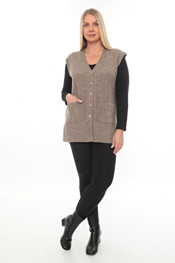 İKSUN Women's Buttoned Pocketed V-Neck Knitted Wool Mother Knitwear Winter Vest