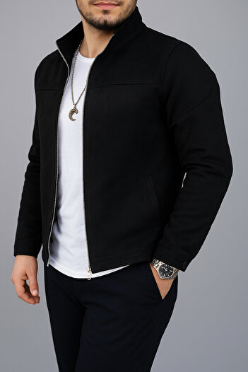 BM BALANCEMODA Men's Black Suede Stand Collar Jacket