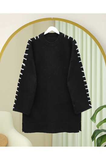 Modamorfo Striped Knit Tunic with Drawstring Sleeves - Black