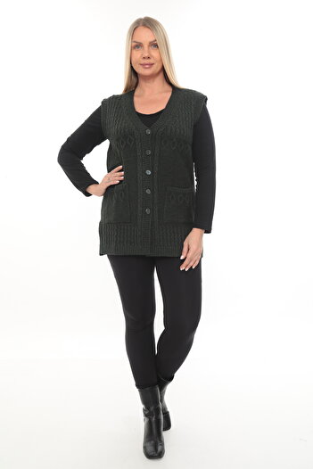 İKSUN Women's Buttoned Pocketed V-Neck Knitted Wool Mother Knitwear Winter Vest