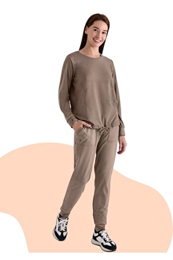 Pierre Cardin Mink Crew Neck Lace-Up Long Sleeve Pajama Set with Pockets Th52Clvr9Pc