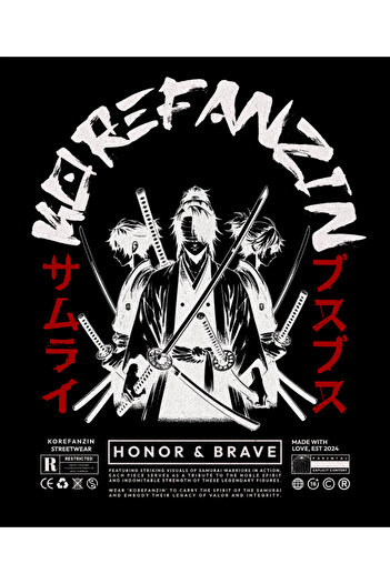 Korefanzin Black Basic Sweatshirt Hoodie with Japanese Style Samurai Design