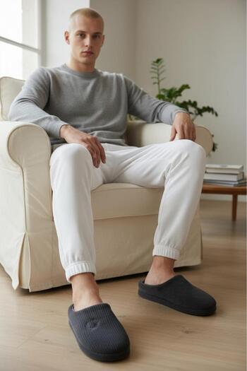 MARKABONİ Men's Gray House Slippers Soundproof Soft Comfortable Sole Wool Insole Slippers