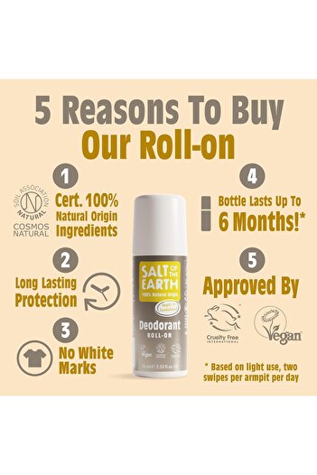 Saltoftheearth Salt of The Earth Natural Deodorant Roll-On Amber & Sandalwood - 100% Natural Ingredients, Effective