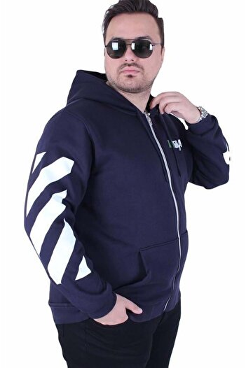 Starbattal Large Size Hooded Zippered 3Ip Sweat Mg 25718 Navy Blue