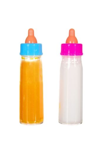 SHOPIENS Set of Toy Baby Bottles, 2 Pieces, Plastic Material, Different Capacities, Orange and White Colors,