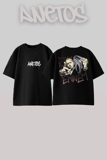 Anetos Eminem Gang Design Back Printed Cotton Black Oversize T-Shirt