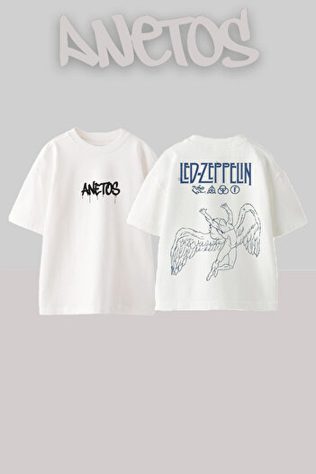 Anetos Led Zeppelin Design Back Printed Cotton White Oversize T-Shirt