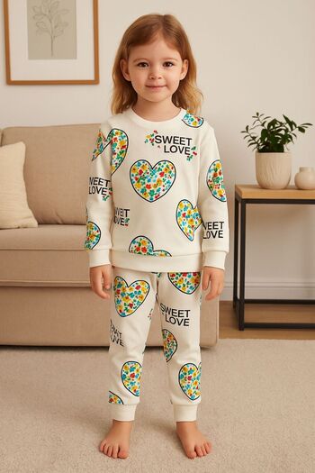 Arya Nisa Kids Girls' Heart Pattern Printed 100% Cotton Seasonal Pajama Set