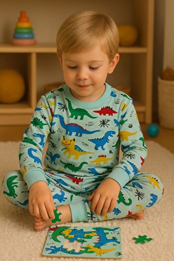 Arya Nisa Kids SET DE PIJAMALE SEZIONALE 100% BUMBAC CU IMPRIMARE DINOZAUȚI COLORAȚI PENTRU BĂIEȚI