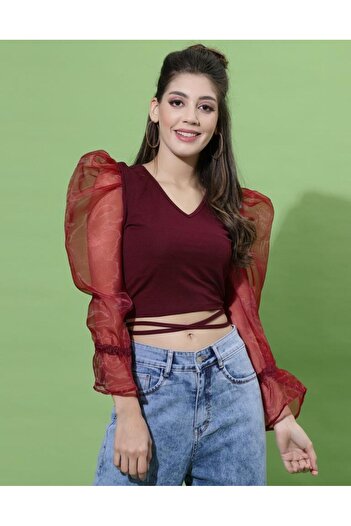 iza Maroon Puff Sleeve With Strap Top