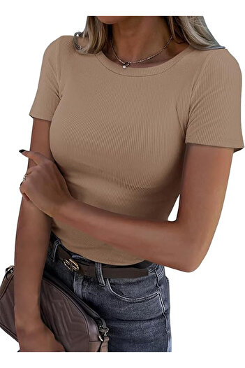 Trendimax Women's Elegant Short Sleeve Ribbed T-Shirt Slim Fit Stretch Tops Summer Tops Casual Blous
