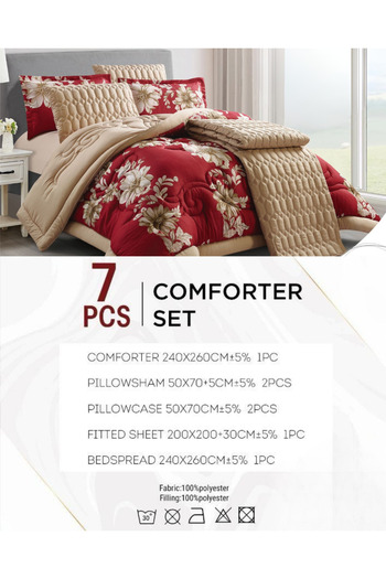 Generic 7-Piece Floral Bed Comforter Set - 240x260cm Quilted Comforter with 2 Pillowshams, 2 Pillowcases, Fi