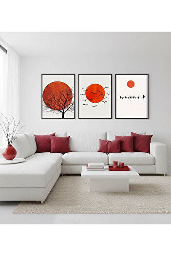 Linacci Set of 3 Black Metal Frame Red Sunbirds Glass Painting Set
