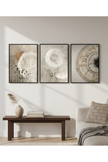 Linacci Set of 3 Black Metal Frame Design Gray Real Glass Painting Set