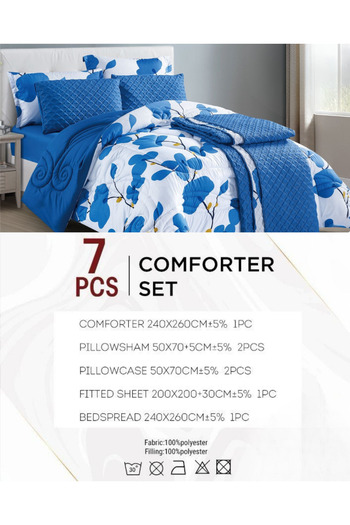 Generic 7-Piece Floral Bed Comforter Set - 240x260cm Quilted Comforter with 2 Pillowshams, 2 Pillowcases, Fi