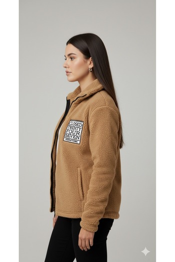 Minharir Women's Bato Collar Zippered Pocket Plush Fleece Jacket