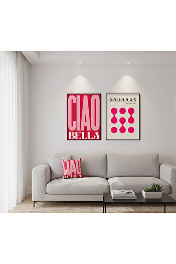 Linacci Set of 2 Black Metal Frame Pink Ciao Bella Glass Paintings