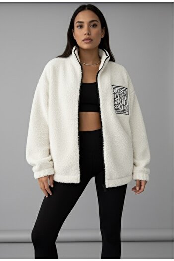 Minharir Women's Bato Collar Zippered Pocket Plush Fleece Jacket