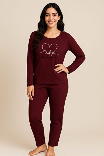 enmodaiçgiyim Burgundy Striped Women's Pajama Set – Long Sleeve, Comfortable Fit, Soft Fabric, Stretchy