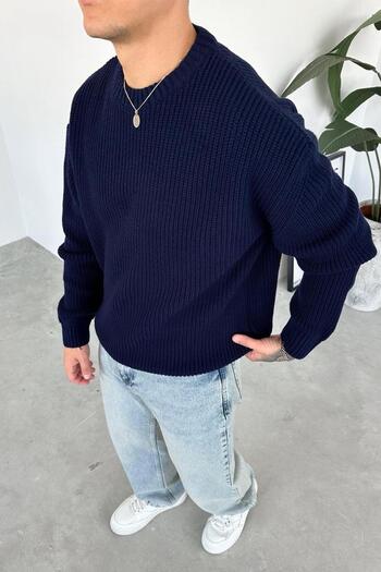 HAFKAGİYİM Navy Blue Knitted Pattern Oversize Knitwear Sweater