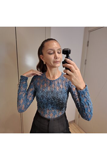 Melis Tuna Butik Dantel Transparan Uzun Kollu Bluz