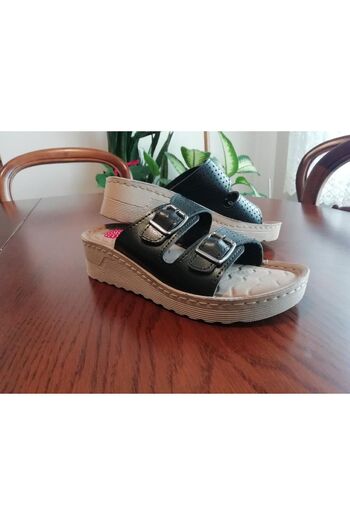 B&B Co. Women's Wedge Heel Orthopedic Sole Double Buckle Stitched Daily Comfortable Slippers