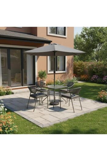 Family Ship Outdoor Dining Table Set 4 Chairs and Table with Glass Top and Umbrella - Grey