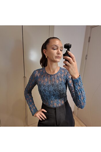 Melis Tuna Butik Dantel Transparan Uzun Kollu Bluz