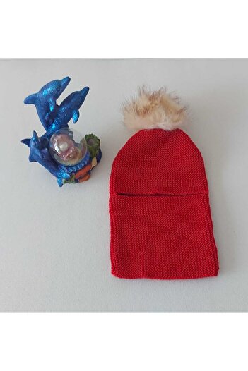 BEGİN Red Color Gift Hand Knitted Baby Beanie with Pompom Neck Collar 0 - 1 Years Old