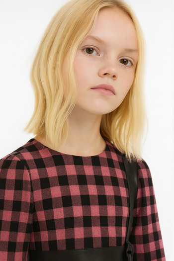 ESİLA KİDS Girls' Dress Red Black Plaid Pattern Sash and Bow Leather Detail Long Sleeve 3-8 Years