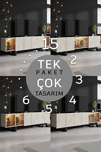 Modatte ZENİT TV ÜNİTESİ 15 TASARIM TEK PAKET DUVARA MONTAJ, METAL AYAKLI, FÜME PVC CAM, LED IŞIK MD2606
