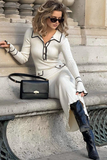 Yeslena Göğüs Düğmeli Polo Yakalı Cep Detay Uzun Volanlı Kollu Fitilli Dokuma Casual Bilek Boy Esnek Elbise
