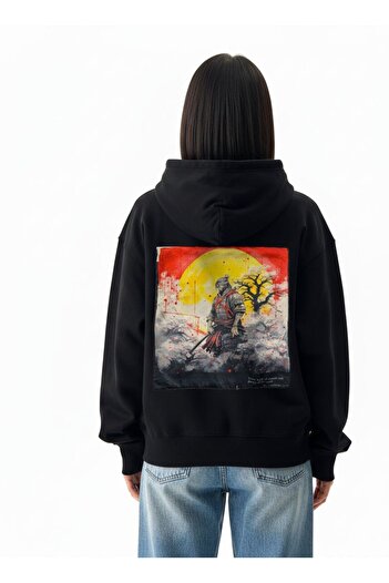 Senshi-San Oversized Hoodie with Velvet - Interior Japanese Samurai Print - One size (fit S/M/L/XL)