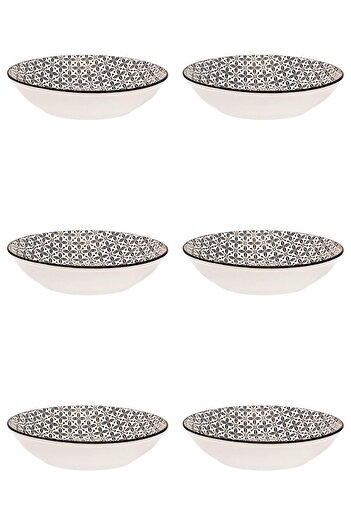 Vervo.ro pentru minți curioase 6-piece Porcelain Soup Plate Set, Beige with Black Pattern, diameter 20 cm