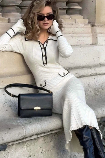 Yeslena Göğüs Düğmeli Polo Yakalı Cep Detay Uzun Volanlı Kollu Fitilli Dokuma Casual Bilek Boy Esnek Elbise