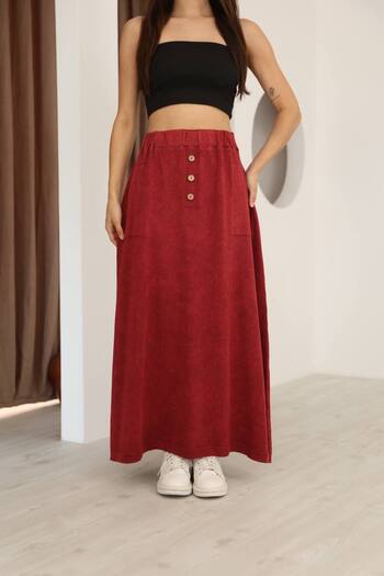 AYASOFYA OTANTIK Women's Burgundy Button Detailed Elastic Waist Plain Pattern Pocketed Vintage Detail Cotton Knit Skirt