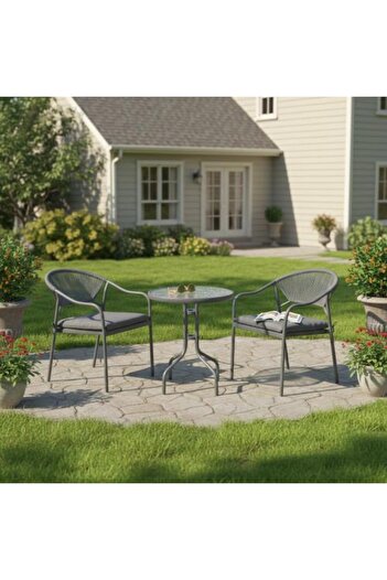 Family Ship Round Garden Table Set with Glass Top and 2 Seating Chairs - Grey