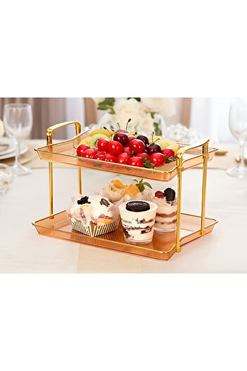 Cozy Nest 2 Tier Rectangular Serving Tray with Gold Handles, Cake Stand for Food, Desserts Table Display