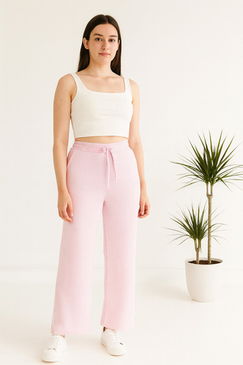 ŞIK VE MUTLU Wide Leg Cotton Striped Tie-Up Pants