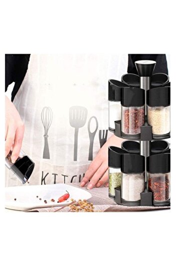 UNİBOX Set of 12 Spice Containers, Jars, Rotating Stand, Kitchen Organization, Black, 33x16x12 cm, Uni