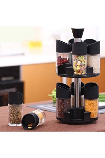 UNİBOX Set of 12 Spice Containers, Jars, Rotating Stand, Kitchen Organization, Black, 33x16x12 cm, Uni