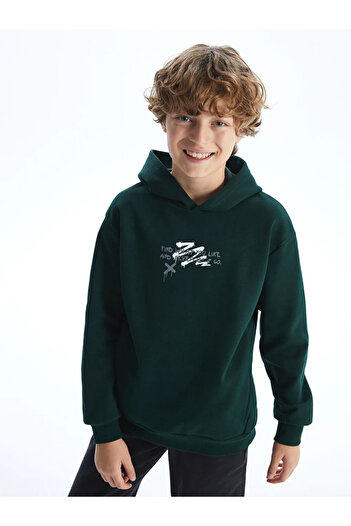 LC Waikiki Lcw Kids Green Hooded Printed Thick Boy's Sweatshirt