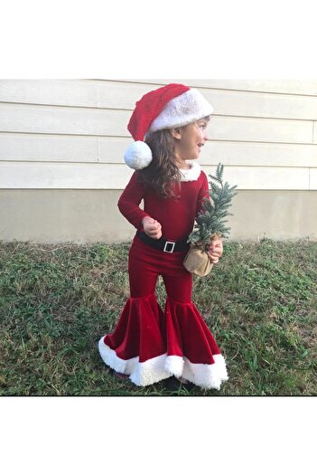 OEM Girls' Santa Claus costume, flared pants with fur, blouse and hat, red, 2-3 years, 92-98 cm
