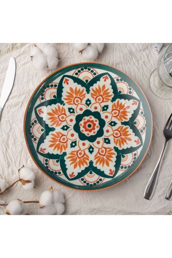 OEM White Porcelain Plate with Orange Green Aztec Pattern for Dessert Ø15cm