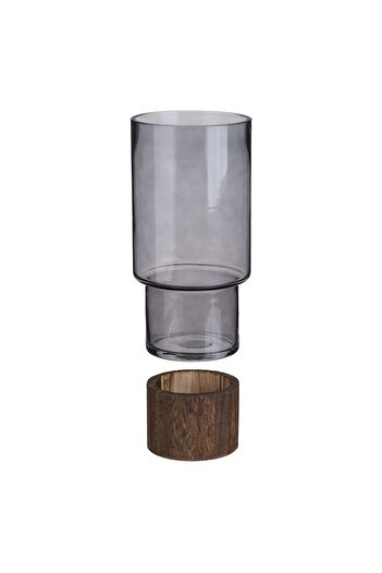 OEM Decorative Smoked Gray Glass Vase with Wooden Base Ø12x25cm