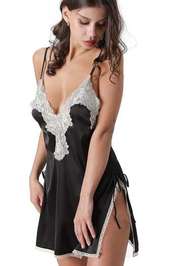 Generic Cure Women’s Chemise Deep V Neck Lace Nightgown Slip Satin Sleepwear Nightdress Pyjama, Black