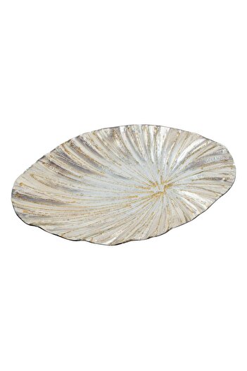 OEM Decorative Christmas Glass Plate Silver Leaf Beige with Glitter 36x18cm