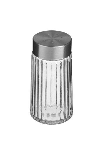 OEM Transparent Glass Salt Shaker with Embossed Stripes & Silver Lid Ø4x9cm