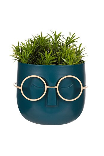 OEM Ghiveci Decorativ Fata Albastru cu Ochelari Bej & Planta Artificiala 11x11x14cm